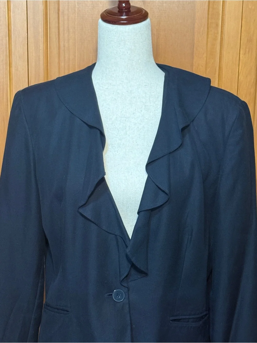 Vintage Ralph Lauren Chaps Silk Cotton Navy Ruffle-Trim Single-Button Jacket